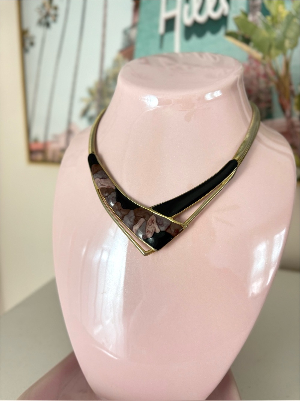 Vintage Gold Tone Statement Collar Necklace Black Enamel Shell Inlay Geometric